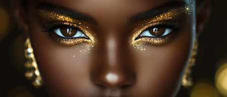 Artistic portrait of an African woman with striking golden makeup, symbolizing luxury and cultural beautyの素材