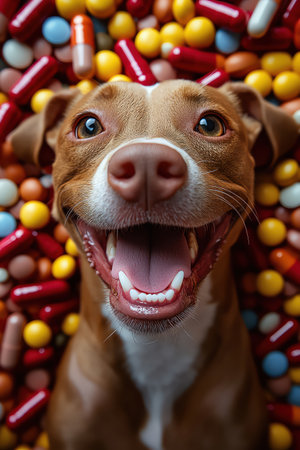 Joyful dog with a wide smile surrounded by a shower of colorful pills and capsulesの素材