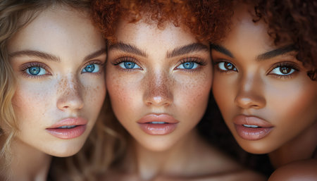 Closeup of three diverse women with striking eyes and beautiful makeup showcasing diversity and beautyの素材