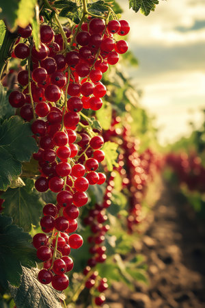 Rows of red currants shining under bright skyの素材