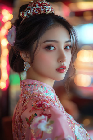 Stunning Asian woman in pink traditional attire with a grandiose and opulent casino backgroundの素材