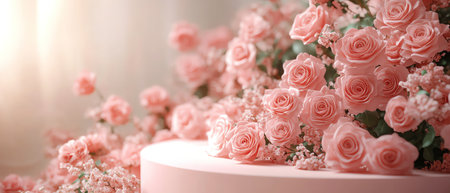 Soft pink roses encircle a pastel podium, creating a romantic and dreamy display settingの素材