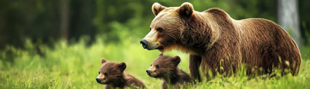 Protective brown bear mother with two cubs standing in a lush green meadowの素材