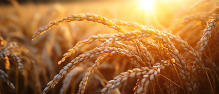 Golden rice plants reaching maturity in a sunlit field, representing a successful agricultural harvest seasonの素材