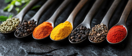Variety of colorful spices and herbs in metal spoons arranged on a dark stone backgroundの素材