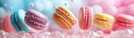 Assortment of colorful macarons levitating in a whimsical pastel dreamscapeの素材