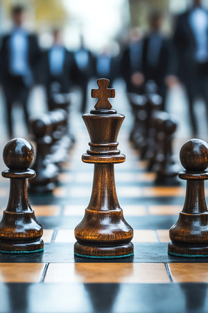 Strategic business planning concept represented by chess pieces overlayed with businesspeopleの素材