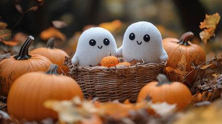 Candy ghost plush toys cuddled in basket, surrounded by tiny pumpkinsの素材