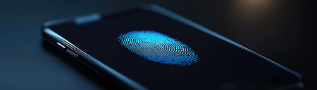 Closeup of a smartphone on a dark surface using fingerprint identification technology for secure accessの素材