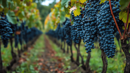 Rows of vines heavy with deep red grapesの素材