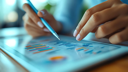 Closeup of hands using a stylus to analyze financial charts and data on a digital tabletの素材