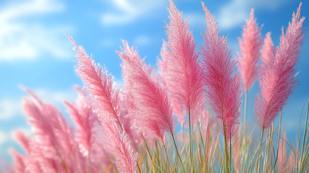 Tall wild pink grasses sway gently against a tranquil blue sky, conveying a sense of calmness and natural beautyの素材