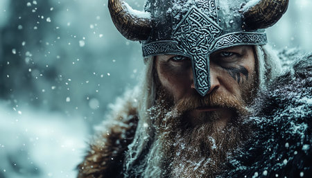 Portrait of a Viking warrior in traditional armor with a horned helmet standing in a snowy landscapeの素材