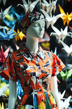 Mannequin standing among paper cranesの素材