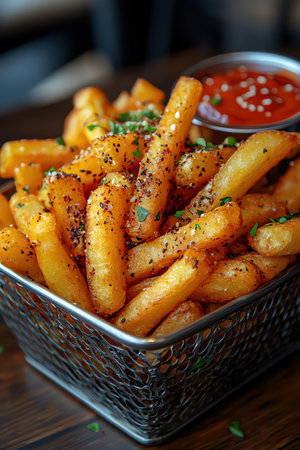 A metal basket overflowing with golden gourmet fries paired with condiments, ready to be enjoyed in a cozy restaurant settingの素材