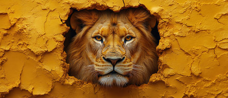 A bold lion face breaking through a yellow wall, symbolizing power, courage, and breaking barriersの素材