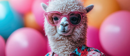 Alpaca in floral shirt, shades, candycolored skyの素材