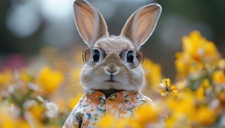 Bunny in flower shirt and sunglasses at spring festivalの素材