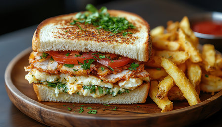 A classic club sandwich with crispy fries served on a wooden plate, perfect for a satisfying mealの素材