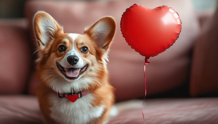 An adorable Corgi dog with a heartshaped balloon tied to its collar against a soft pink background, exuding love and happinessの素材