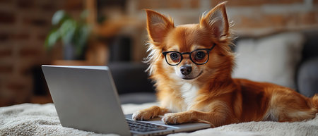 An enthusiastic chihuahua engaged with a laptop, wearing glasses, representing the concept of online learning or pet technologyの素材