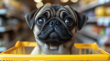 An adorable pug looking curiously out of a shopping cart, set against a bright yellow background, evoking a humorous shopping conceptの素材
