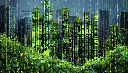 Eco city growing along green data barsの素材