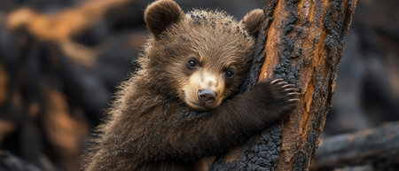 Cub bear hugging charred tree limb, ash flaking offの素材