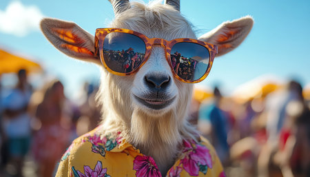 Goat in hibiscus shirt and shades at summer music festの素材