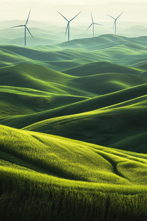 Grass bars rising toward wind turbinesの素材