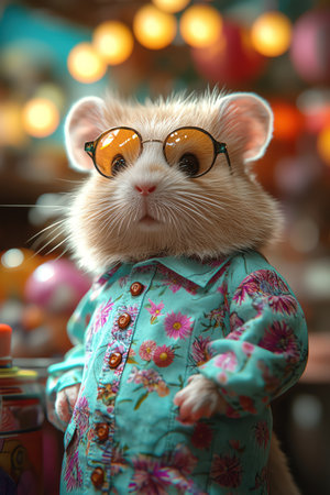 Hamster in floral shirt and sunglasses in candythemed worldの素材