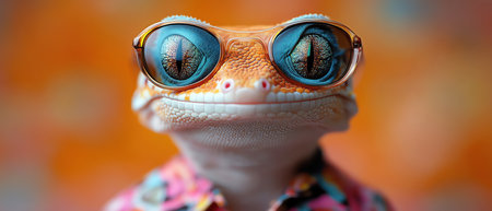 Leopard gecko in floral shirt and sunglasses on mosaic rugの素材