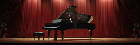 Grand piano on opera stage with velvet curtainsの素材