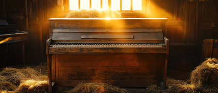 Antique piano in barn with warm hay and golden sunlightの素材