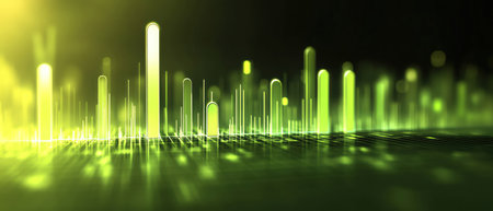 Green graph bars glowing under eco sunlightの素材