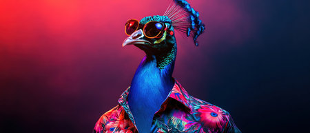 Peacock in flower shirt and sunglasses with peppy lightsの素材