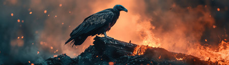 Vulture perched on smoldering wood, fire smoke belowの素材
