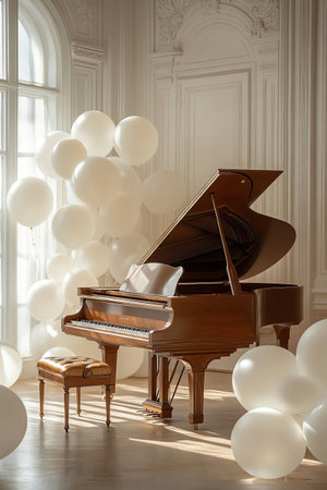 Piano surrounded by white balloons in minimal galleryの素材
