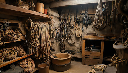 Storage room with coils of rope, hooks, and wooden toolsの素材