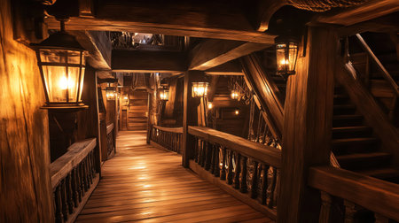 Wooden pirate ship interior with low beams, lanterns casting warm glowの素材