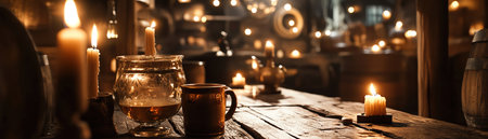 Pirate mess hall with mugs, trenchers, and warm candlelightの素材