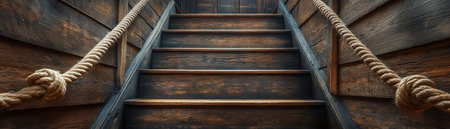 Wooden stairs leading to captain s office, lined with ropeの素材