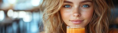 A 25yearold girl model drinking fresh juice on sunny cafe terrace, cinematic lightの素材