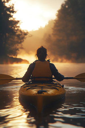 A 25yearold girl model kayaking on calm lake, morning mist rising, photorealistic cinematic lightの素材