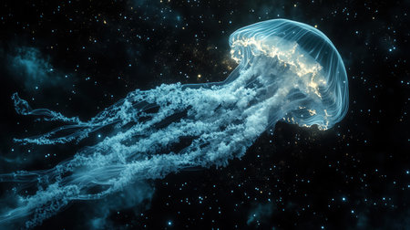A comet shaped like a glowing jellyfish, translucent tentacles trailing dust, cinematic photo realismの素材