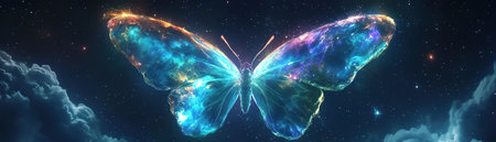 A giant butterfly comet with glowing wings of plasma, floating gracefully, photorealistic cosmic toneの素材