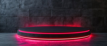 Black podium with red rim light, sleek modern style, photorealistic toneの素材