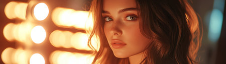 A 25yearold girl model styling her hair before mirror, golden lighting, cinematic photo toneの素材