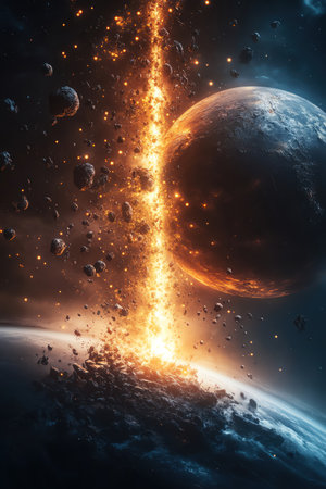 A glowing planet comet colliding with asteroid belt, bright flare and icy trails, photorealistic toneの素材