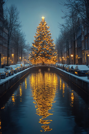 Amsterdam canal reflecting giant Christmas tree lights, winter night, cinematic realismの素材